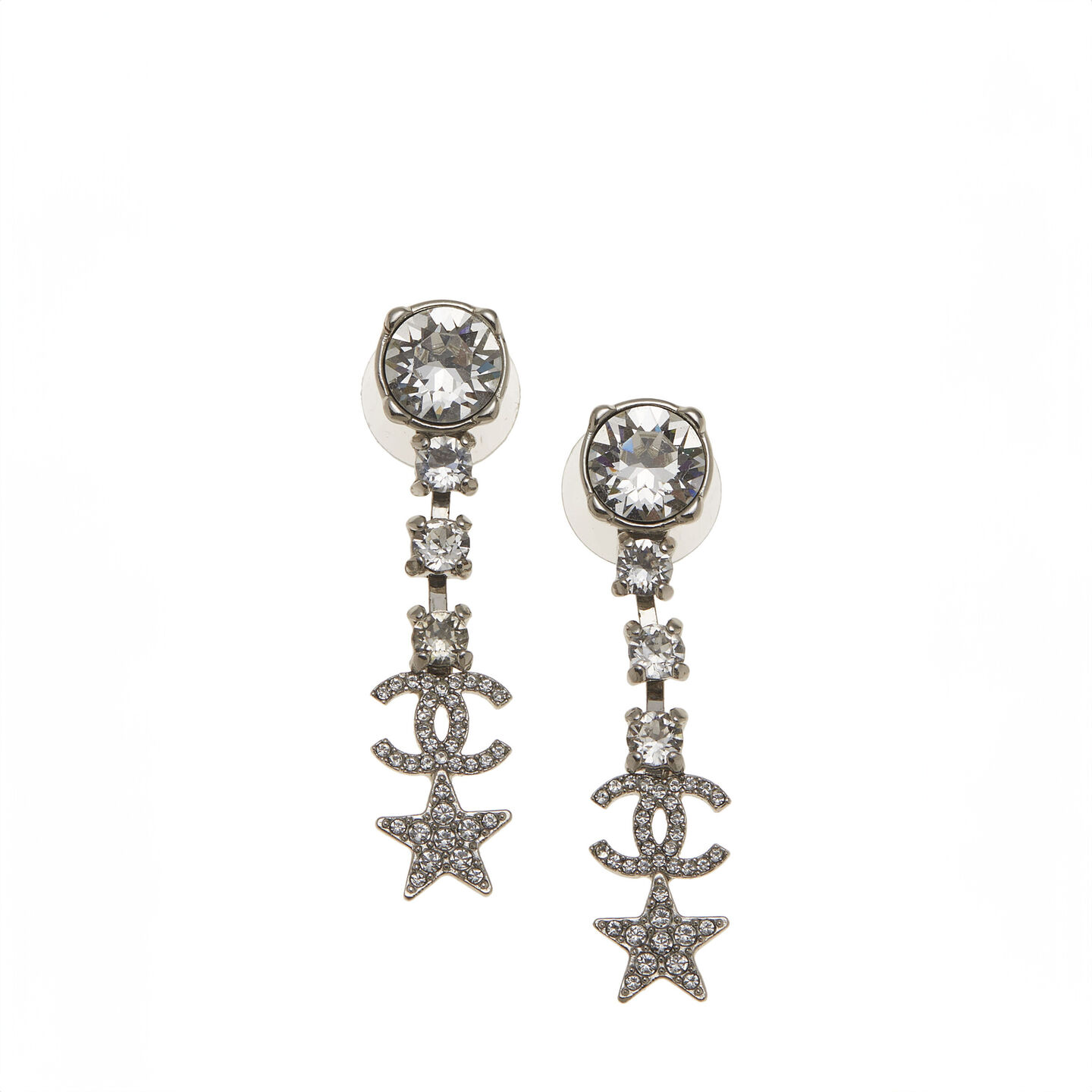 chanel silver & crystal 'cc' star dangle earrings